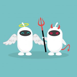 Advantages and disadvantages of modern technologies. A pair of white robots dressed like an angel and a devil / flat editable vector illustration, clip art (Bild: TU Technische UniversitÃ¤t Darmstadt)